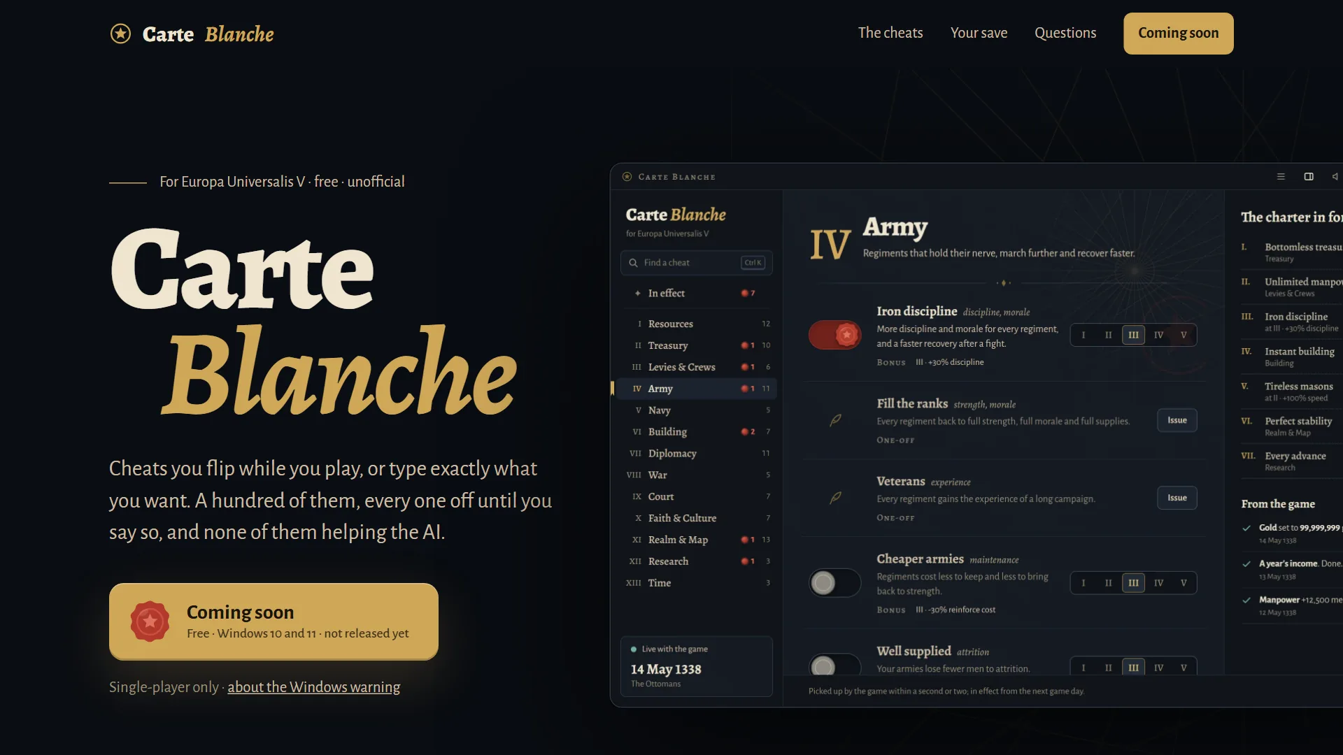 The Carte Blanche landing page on desktop, next to the app's Army chapter