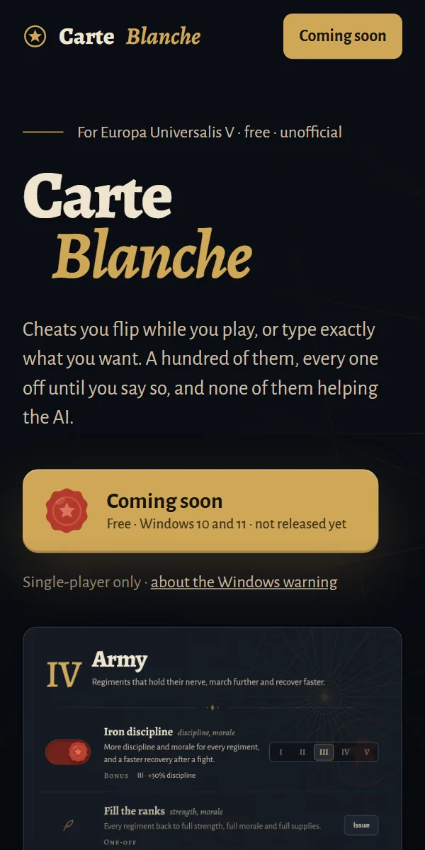 The Carte Blanche landing page on a phone