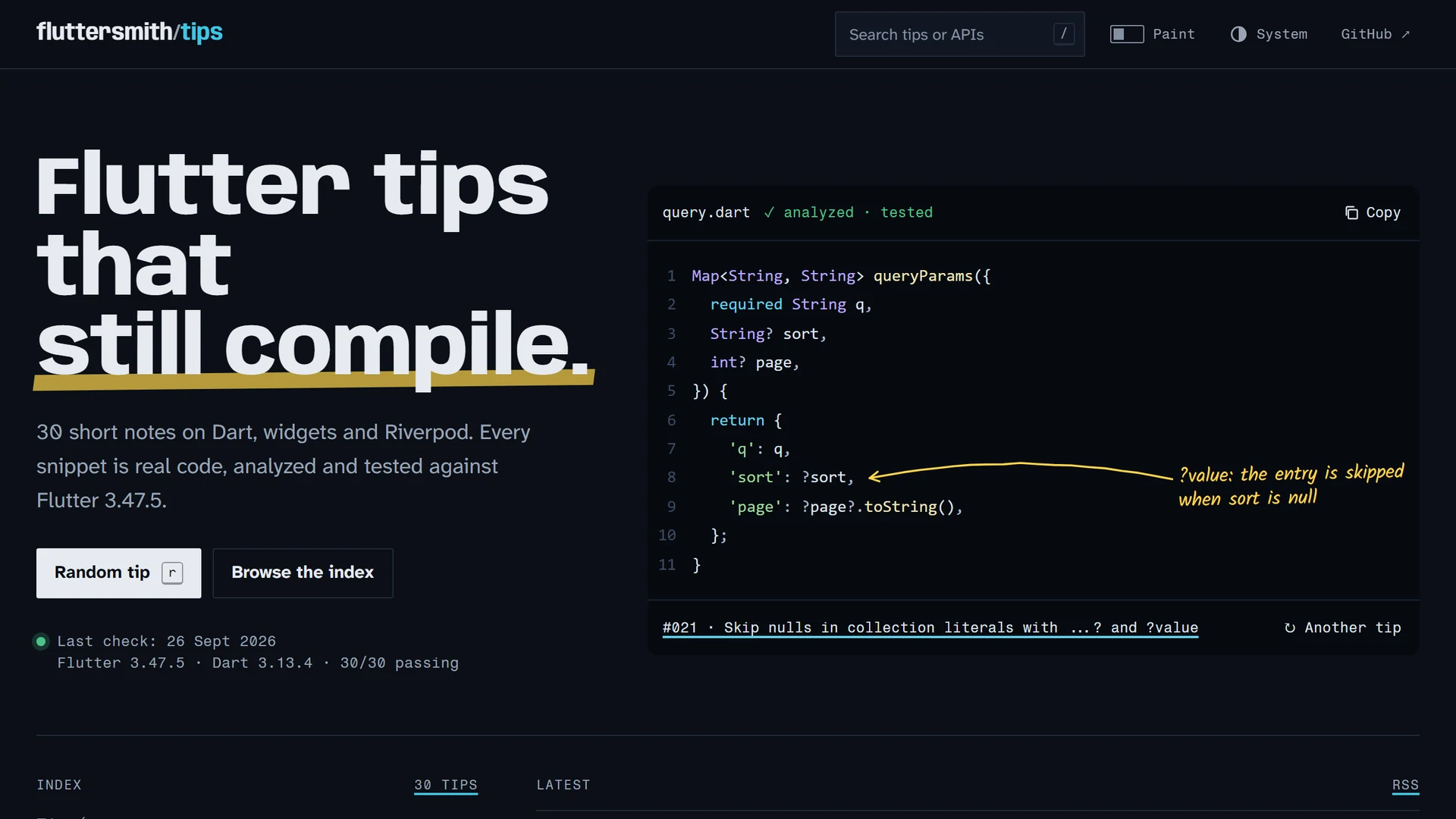 The fluttersmith/tips home page on desktop