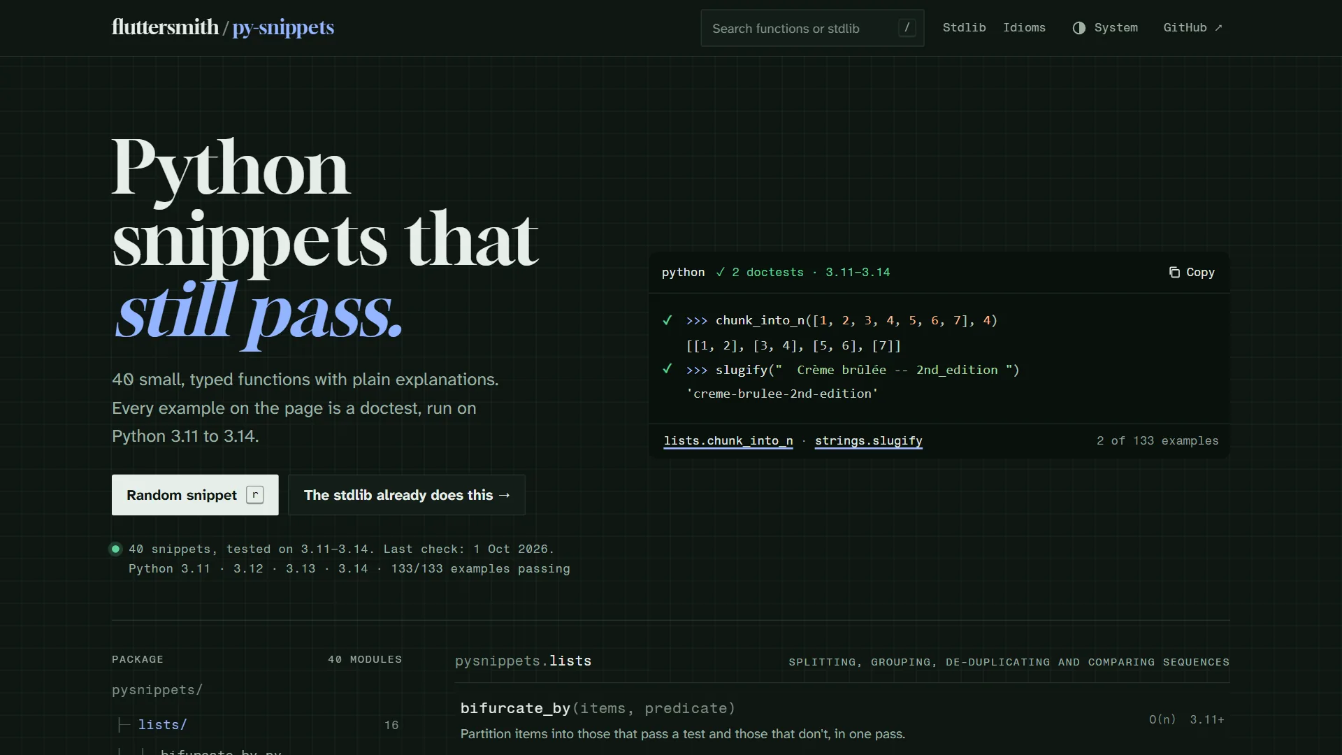 The fluttersmith/py-snippets home page on desktop
